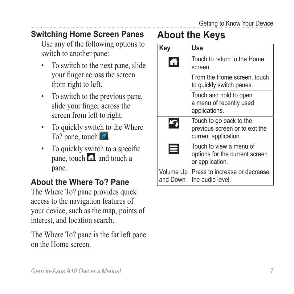 About the keys | Garmin ASUS A10 User Manual | Page 15 / 134