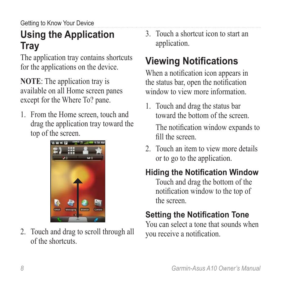 Using the application tray, Viewing notifications | Garmin ASUS A10 User Manual | Page 16 / 134