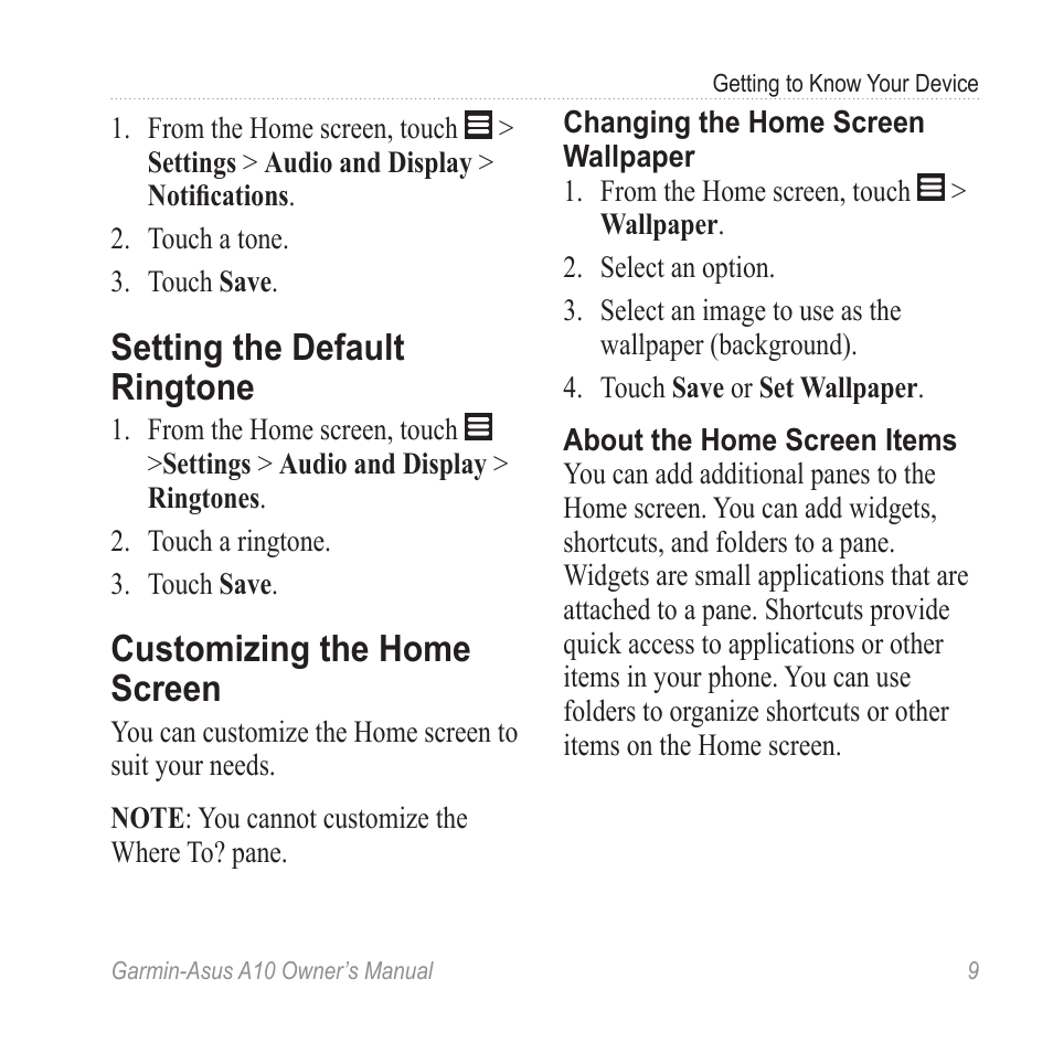 Setting the default ringtone, Customizing the home screen | Garmin ASUS A10 User Manual | Page 17 / 134