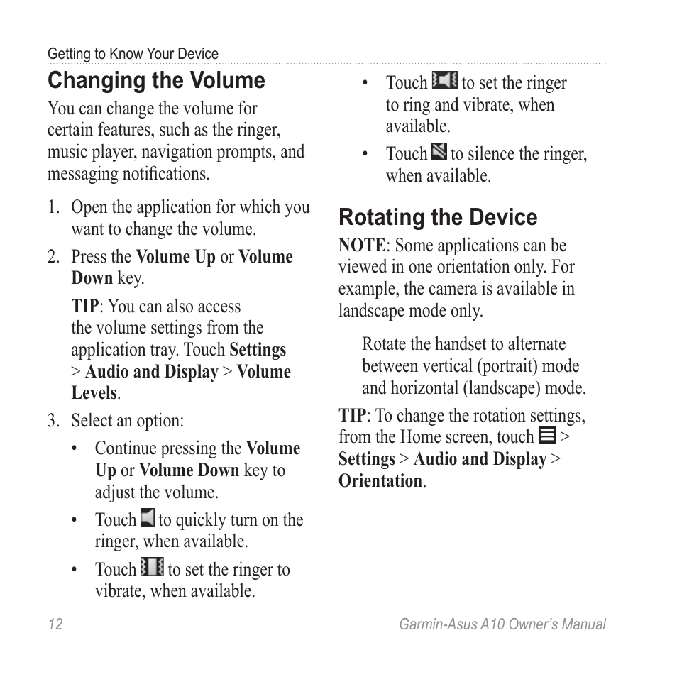 Changing the volume, Rotating the device | Garmin ASUS A10 User Manual | Page 20 / 134