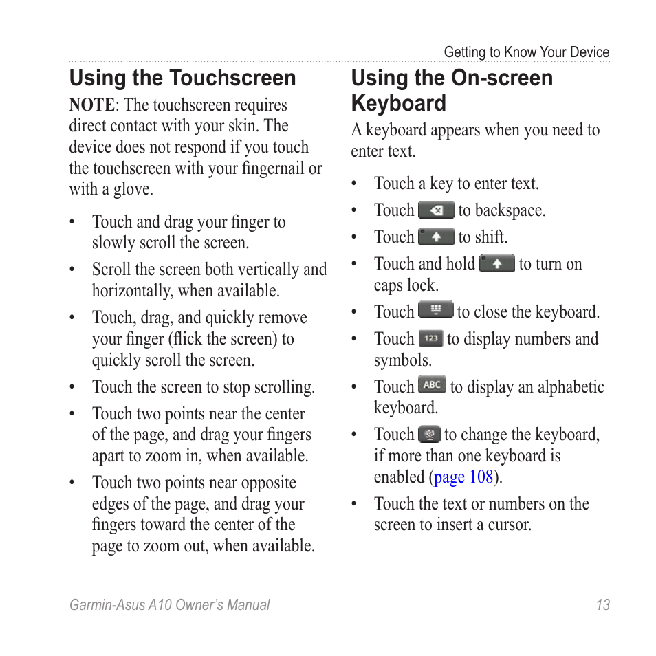 Using the touchscreen, Using the on-screen keyboard | Garmin ASUS A10 User Manual | Page 21 / 134