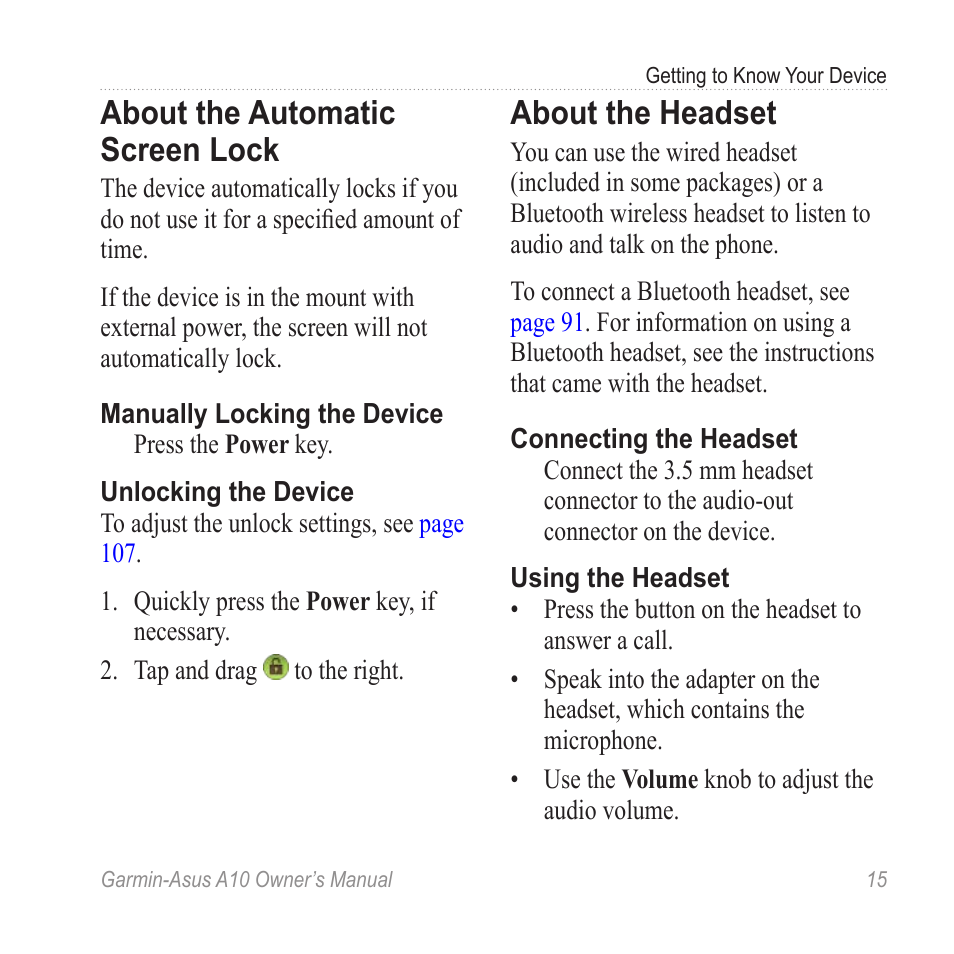 About the automatic screen lock, About the headset, About the automatic screen | Lock | Garmin ASUS A10 User Manual | Page 23 / 134