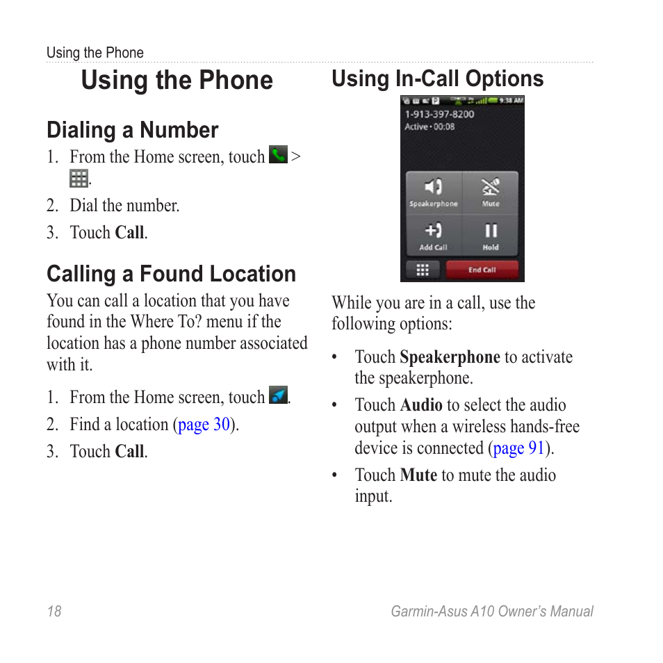 Using the phone, Dialing a number, Calling a found location | Using in-call options | Garmin ASUS A10 User Manual | Page 26 / 134