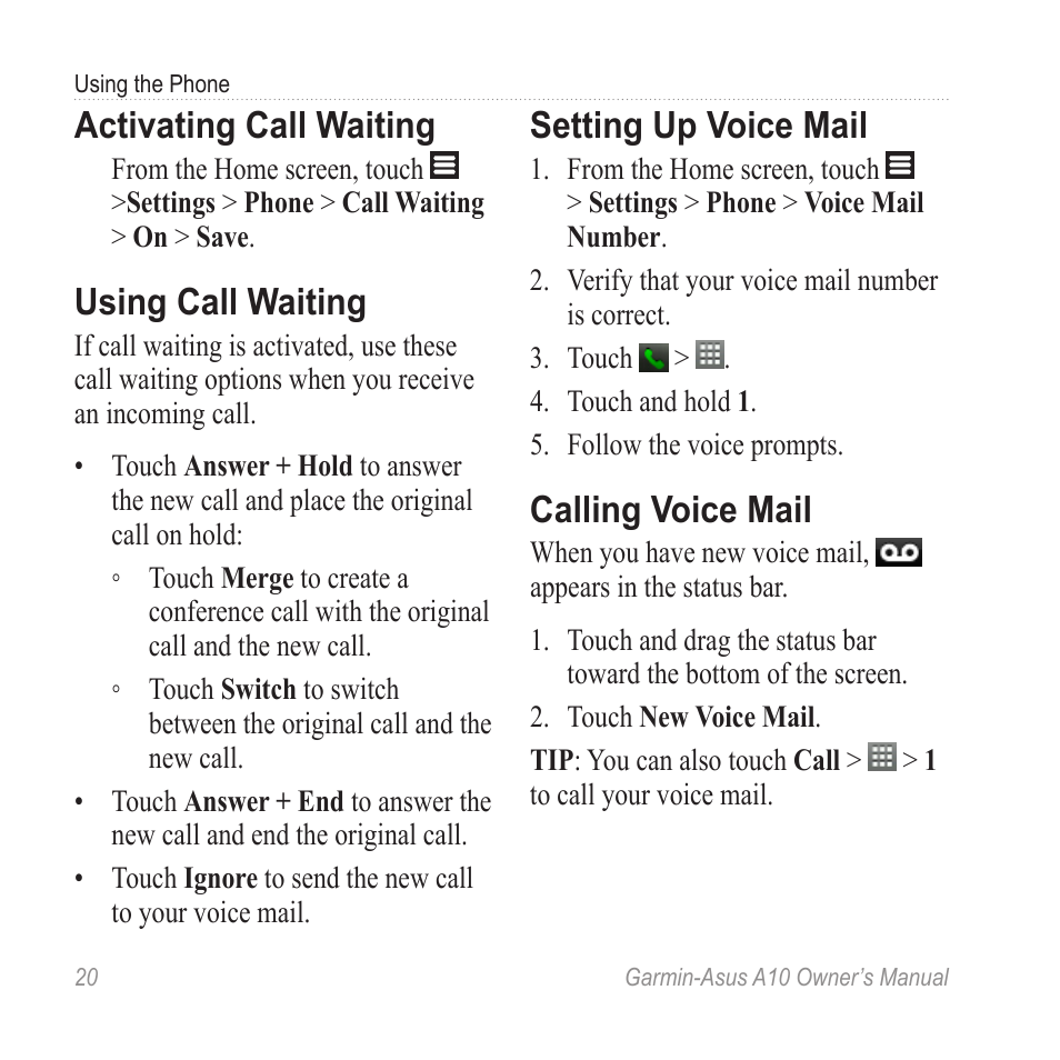 Activating call waiting, Using call waiting, Setting up voice mail | Calling voice mail, Set up voice mail | Garmin ASUS A10 User Manual | Page 28 / 134