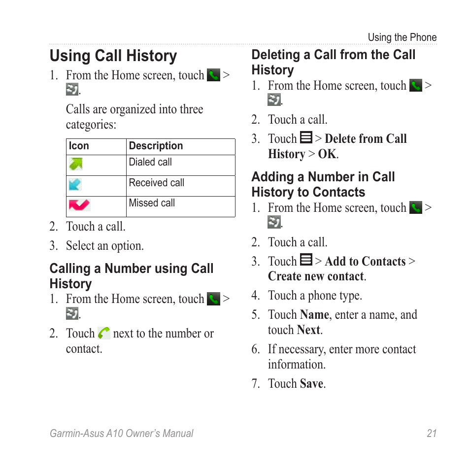 Using call history | Garmin ASUS A10 User Manual | Page 29 / 134