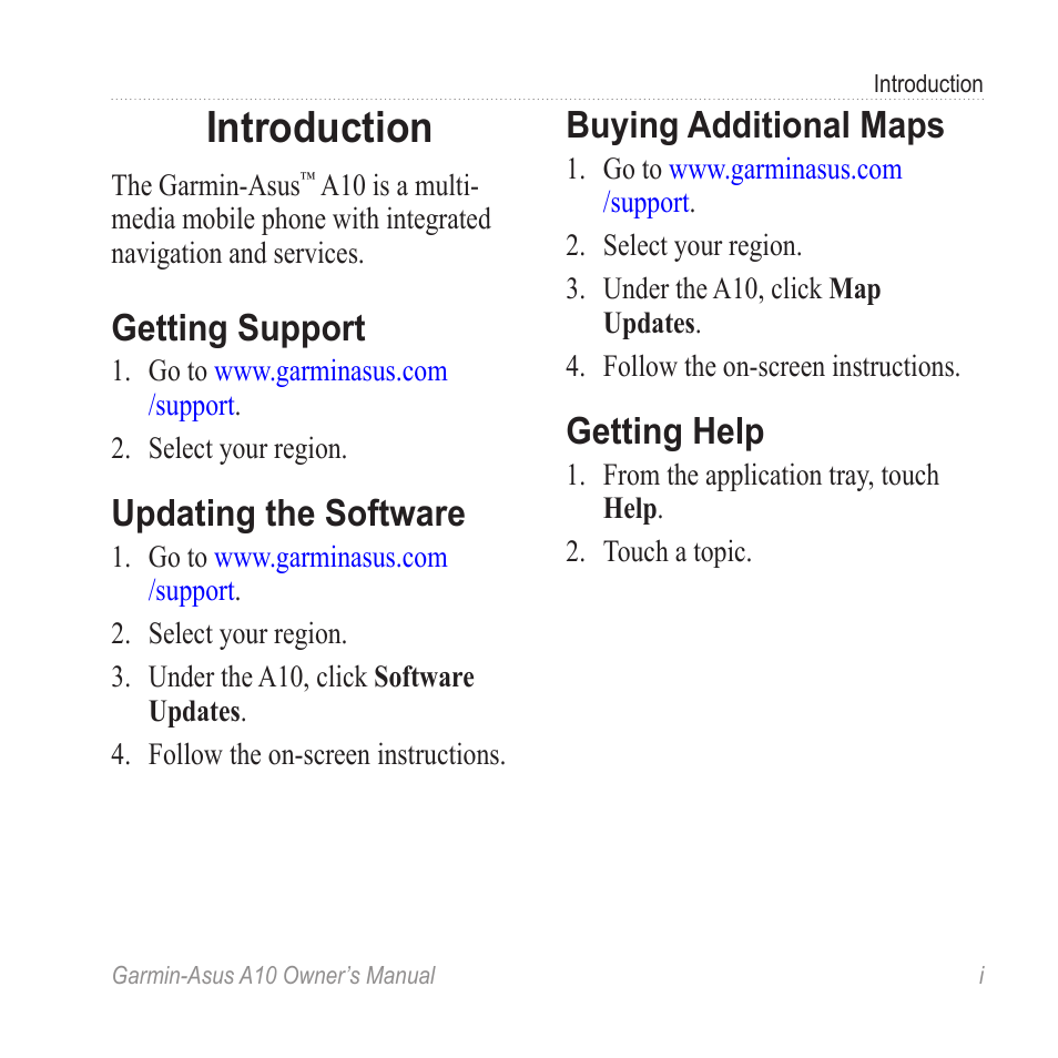 Introduction, Getting support, Updating the software | Buying additional maps, Getting help | Garmin ASUS A10 User Manual | Page 3 / 134