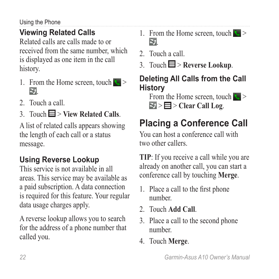 Placing a conference call | Garmin ASUS A10 User Manual | Page 30 / 134