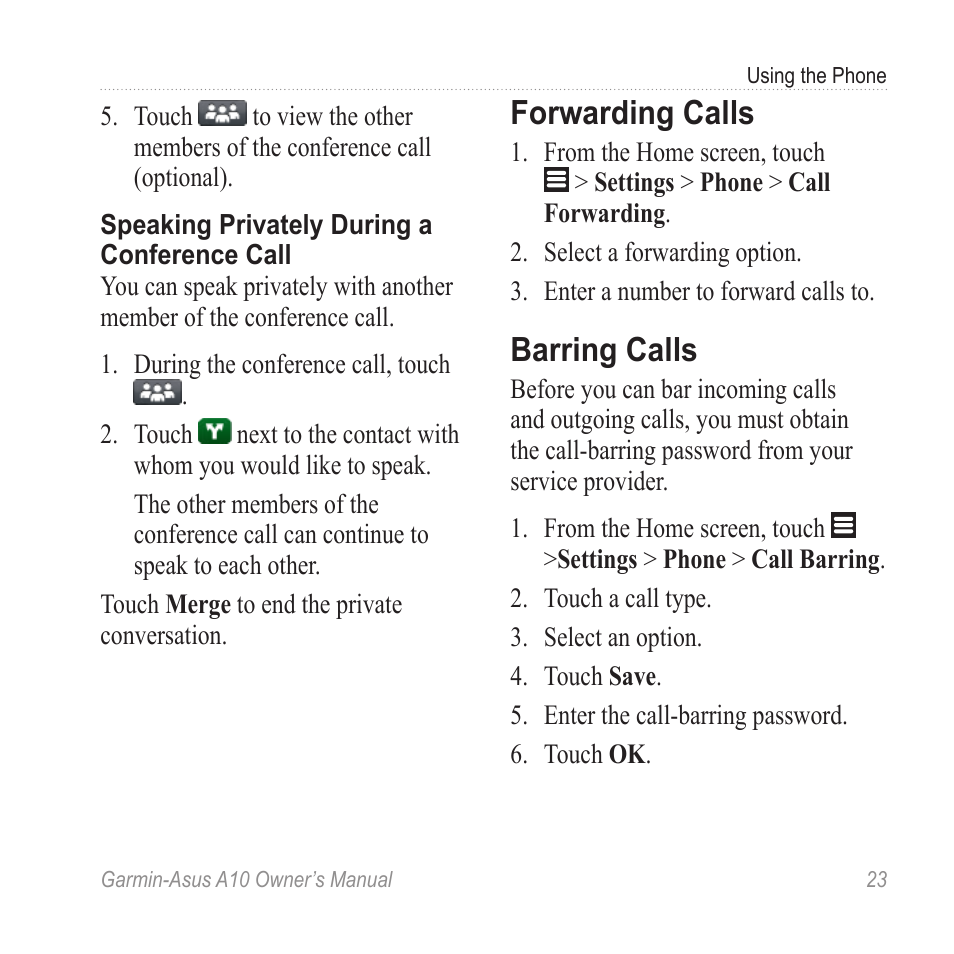 Forwarding calls, Barring calls | Garmin ASUS A10 User Manual | Page 31 / 134