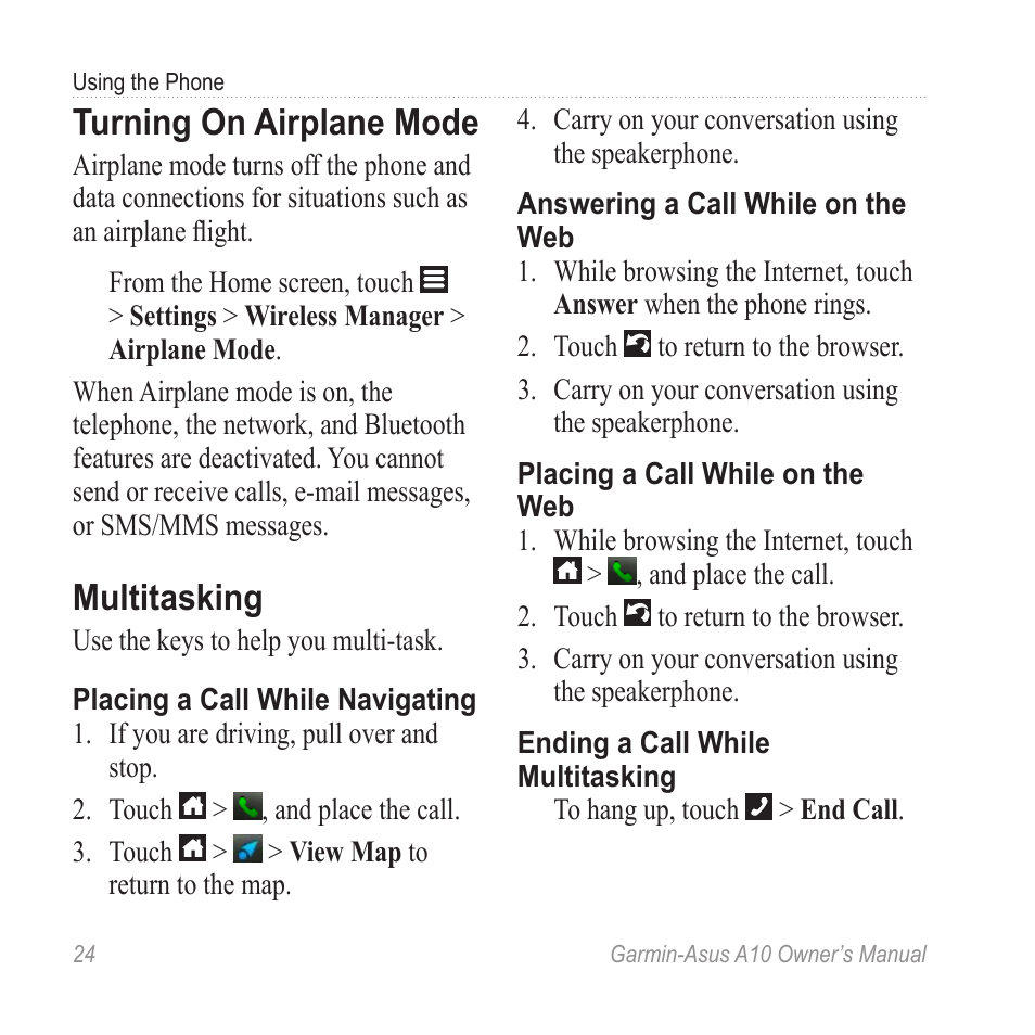 Turning on airplane mode, Multitasking | Garmin ASUS A10 User Manual | Page 32 / 134