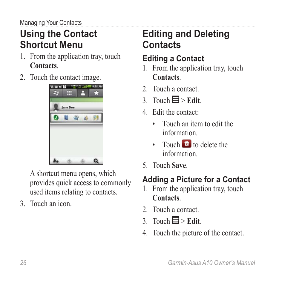 Using the contact shortcut menu, Editing and deleting contacts | Garmin ASUS A10 User Manual | Page 34 / 134