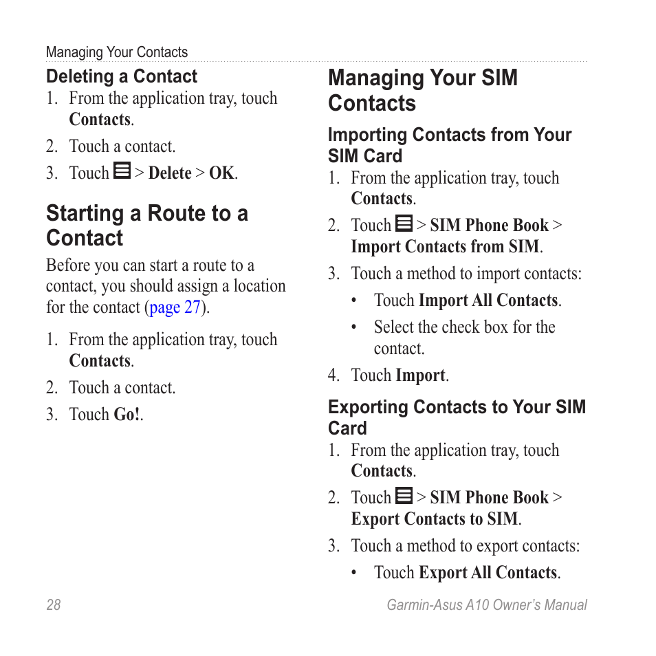 Starting a route to a contact, Managing your sim contacts | Garmin ASUS A10 User Manual | Page 36 / 134