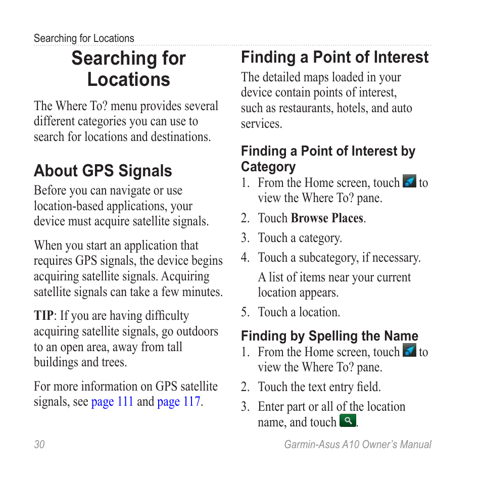 Searching for locations, About gps signals, Finding a point of interest | Find a location | Garmin ASUS A10 User Manual | Page 38 / 134