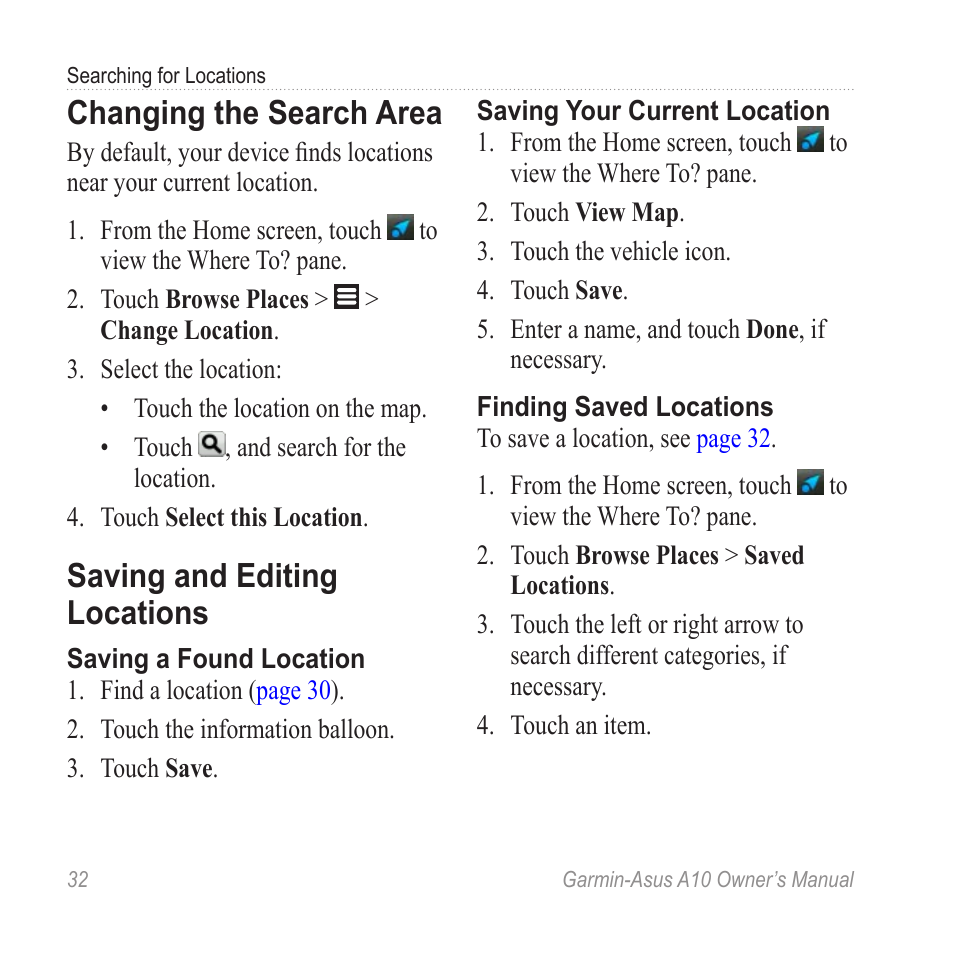 Changing the search area, Saving and editing locations | Garmin ASUS A10 User Manual | Page 40 / 134