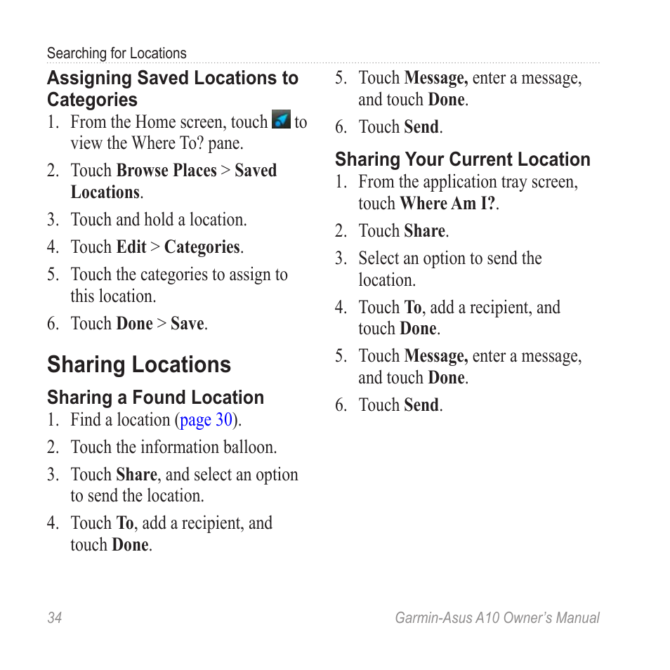 Sharing locations | Garmin ASUS A10 User Manual | Page 42 / 134