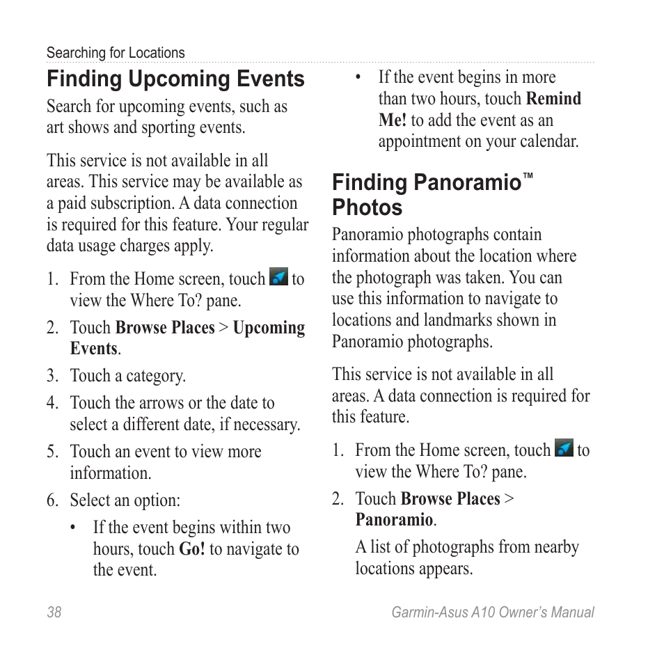 Finding upcoming events, Finding panoramio™ photos, Finding panoramio | Photos | Garmin ASUS A10 User Manual | Page 46 / 134