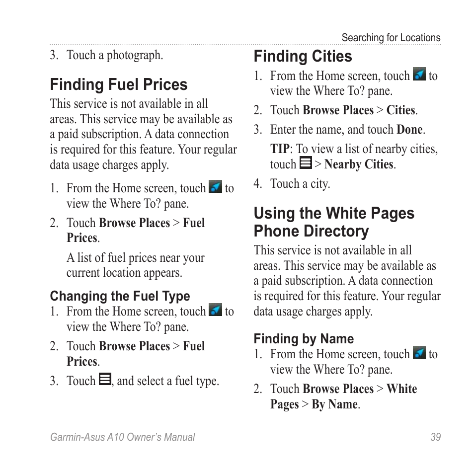 Finding fuel prices, Finding cities, Directory | Using the white pages phone directory | Garmin ASUS A10 User Manual | Page 47 / 134