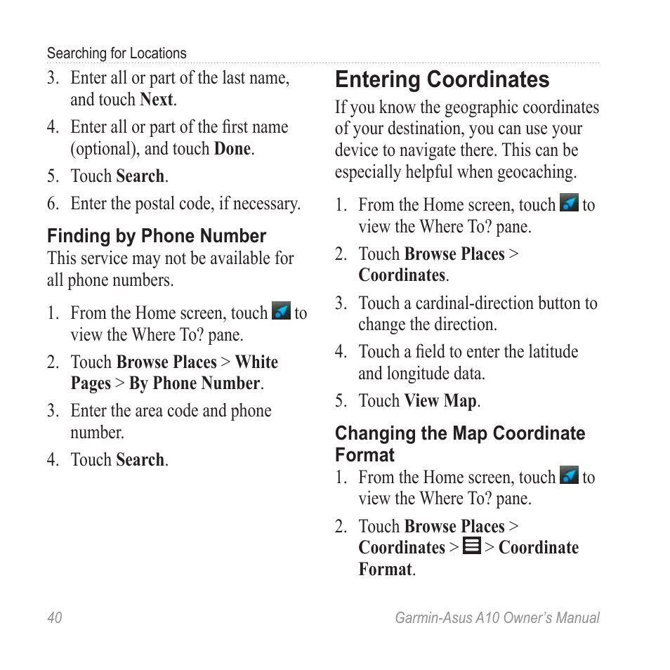 Entering coordinates | Garmin ASUS A10 User Manual | Page 48 / 134