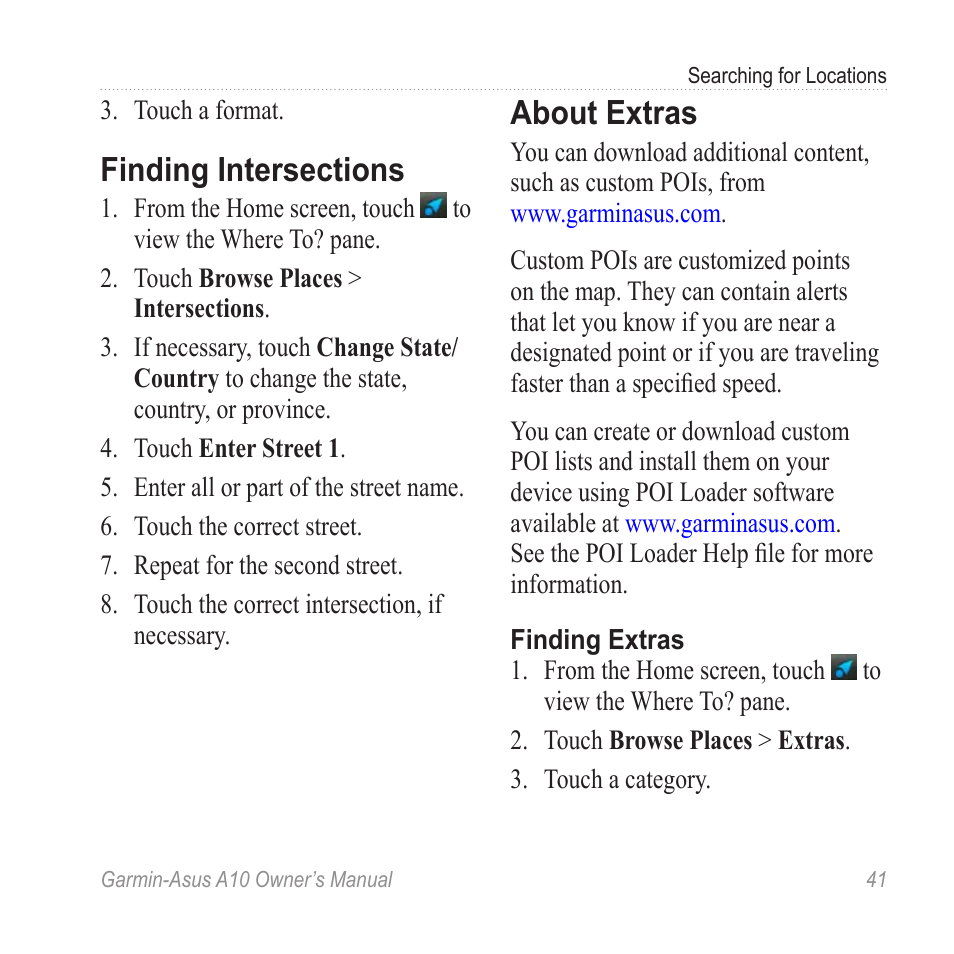 Finding intersections, About extras | Garmin ASUS A10 User Manual | Page 49 / 134