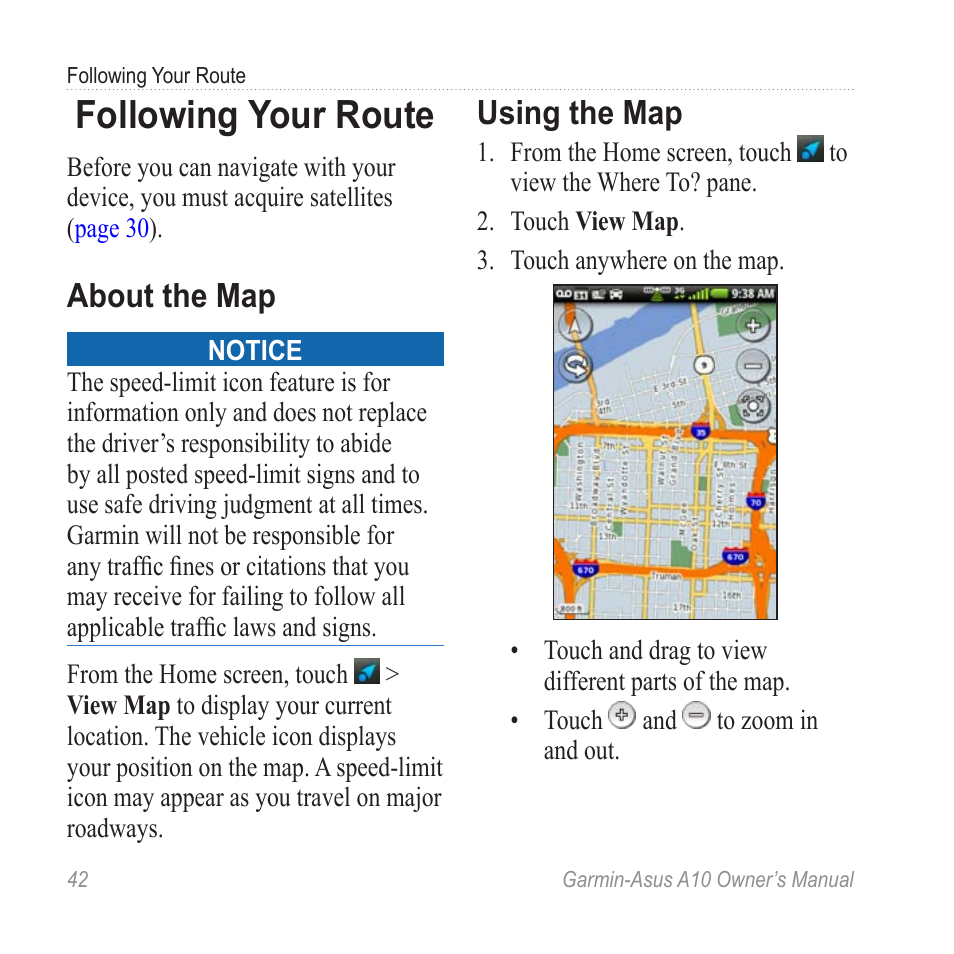 Following your route, About the map, Using the map | Garmin ASUS A10 User Manual | Page 50 / 134