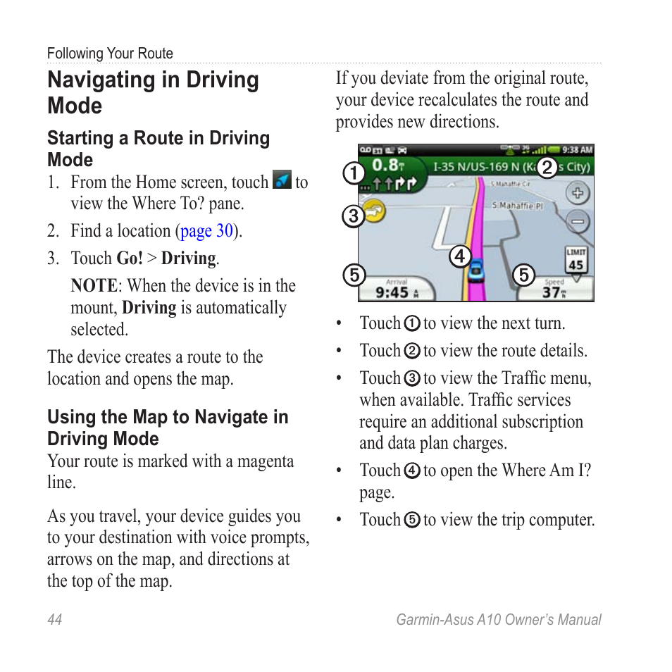 Navigating in driving mode | Garmin ASUS A10 User Manual | Page 52 / 134