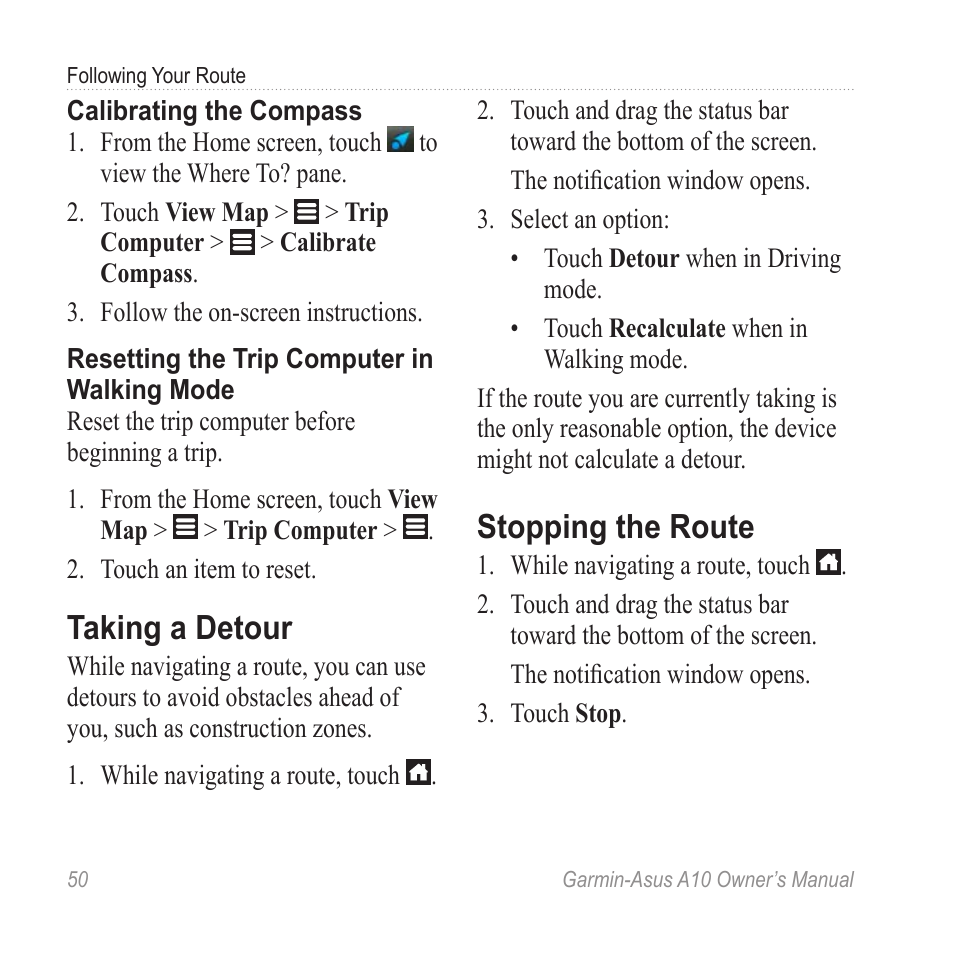 Taking a detour, Stopping the route | Garmin ASUS A10 User Manual | Page 58 / 134