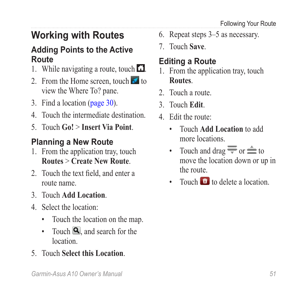 Working with routes | Garmin ASUS A10 User Manual | Page 59 / 134