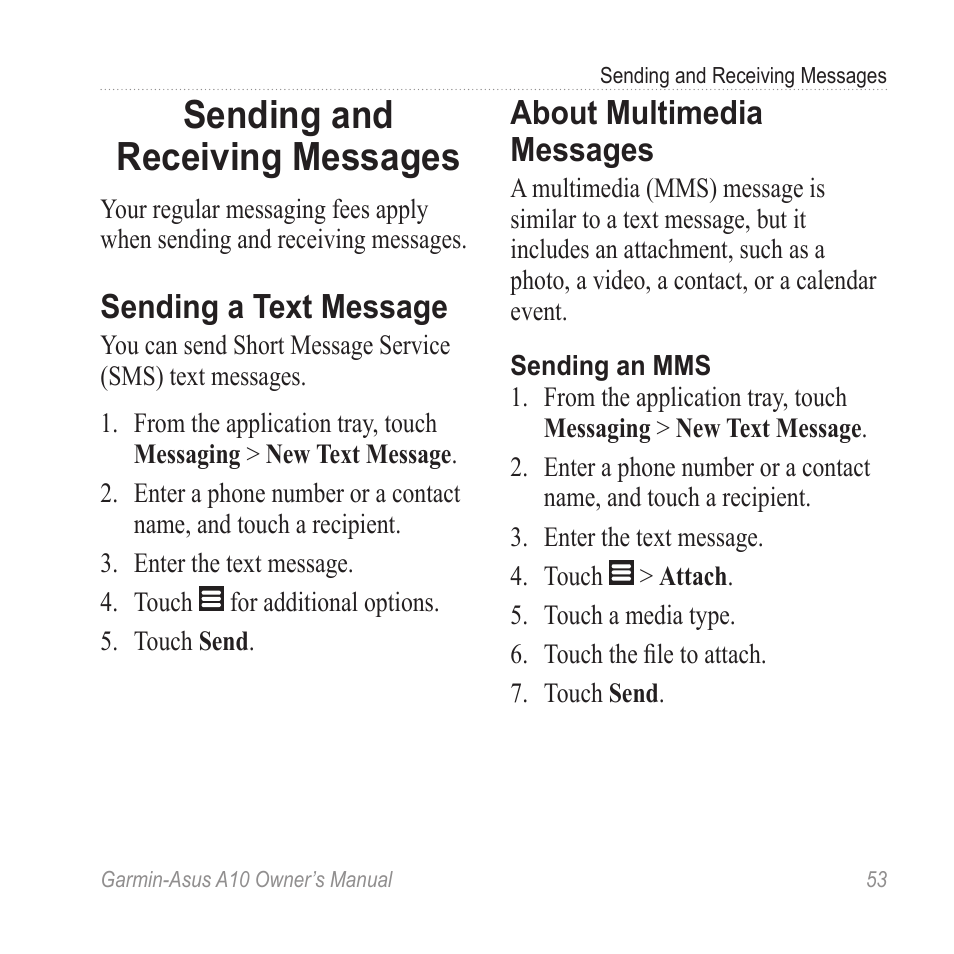 Sending and receiving messages, Sending a text message, About multimedia messages | Sending and receiving, Messages | Garmin ASUS A10 User Manual | Page 61 / 134