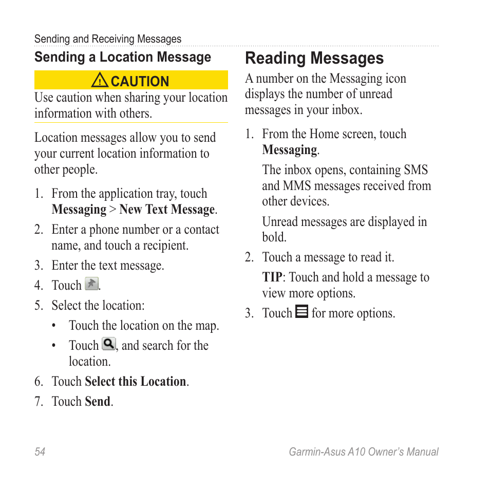 Reading messages | Garmin ASUS A10 User Manual | Page 62 / 134