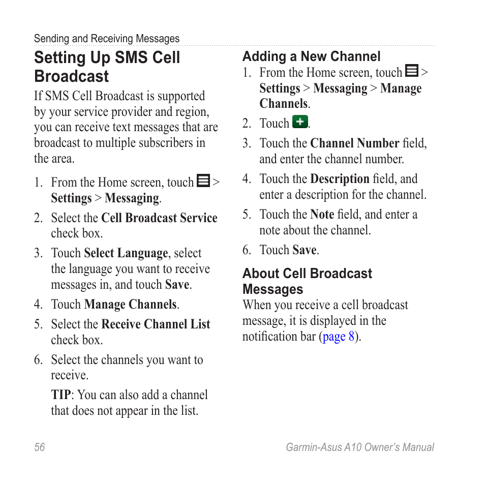 Setting up sms cell broadcast | Garmin ASUS A10 User Manual | Page 64 / 134