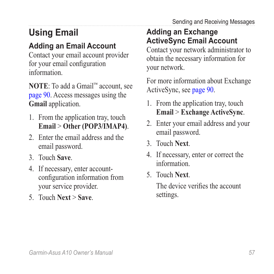 Using email, Set up an e-mail account | Garmin ASUS A10 User Manual | Page 65 / 134