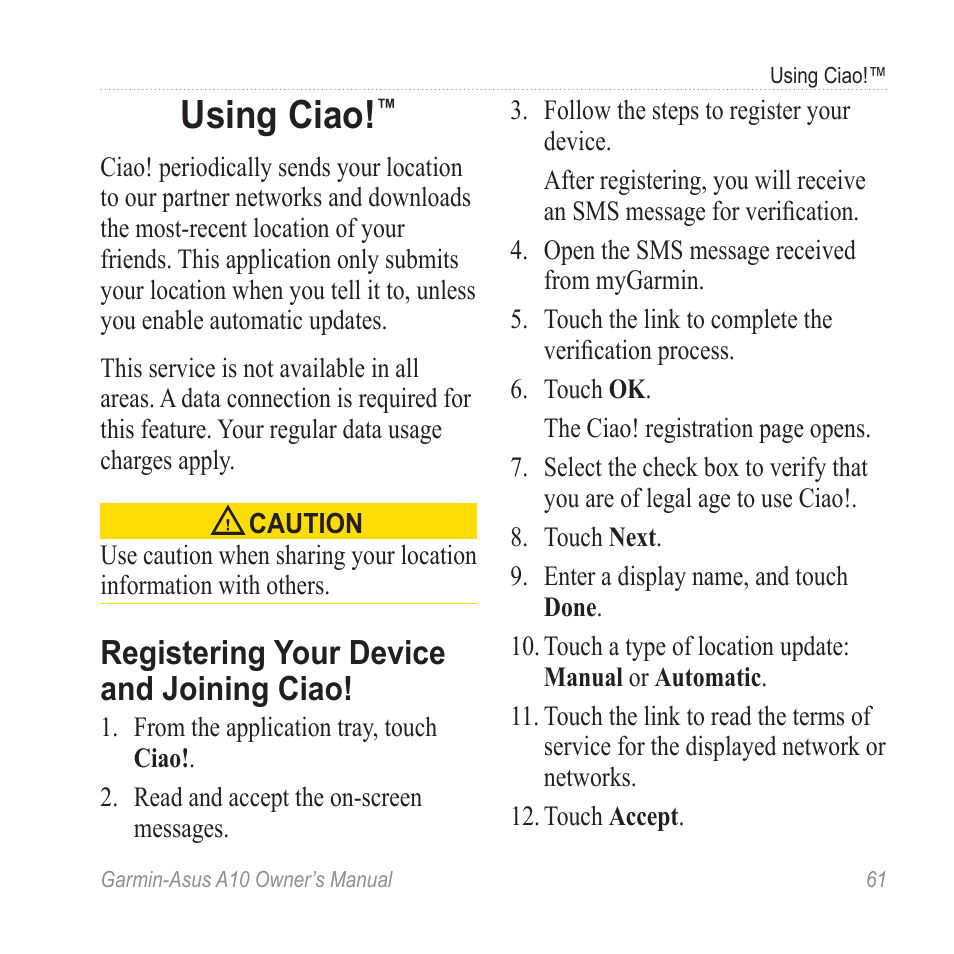 Using ciao, Registering your device and joining ciao, Registering your device and | Joining ciao | Garmin ASUS A10 User Manual | Page 69 / 134