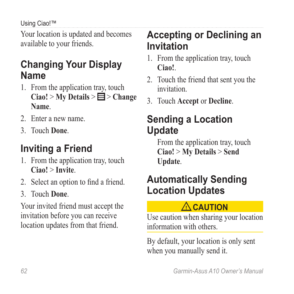 Changing your display name, Inviting a friend, Accepting or declining an invitation | Sending a location update, Automatically sending location updates, Accepting or declining an, Invitation, Automatically sending location, Updates | Garmin ASUS A10 User Manual | Page 70 / 134