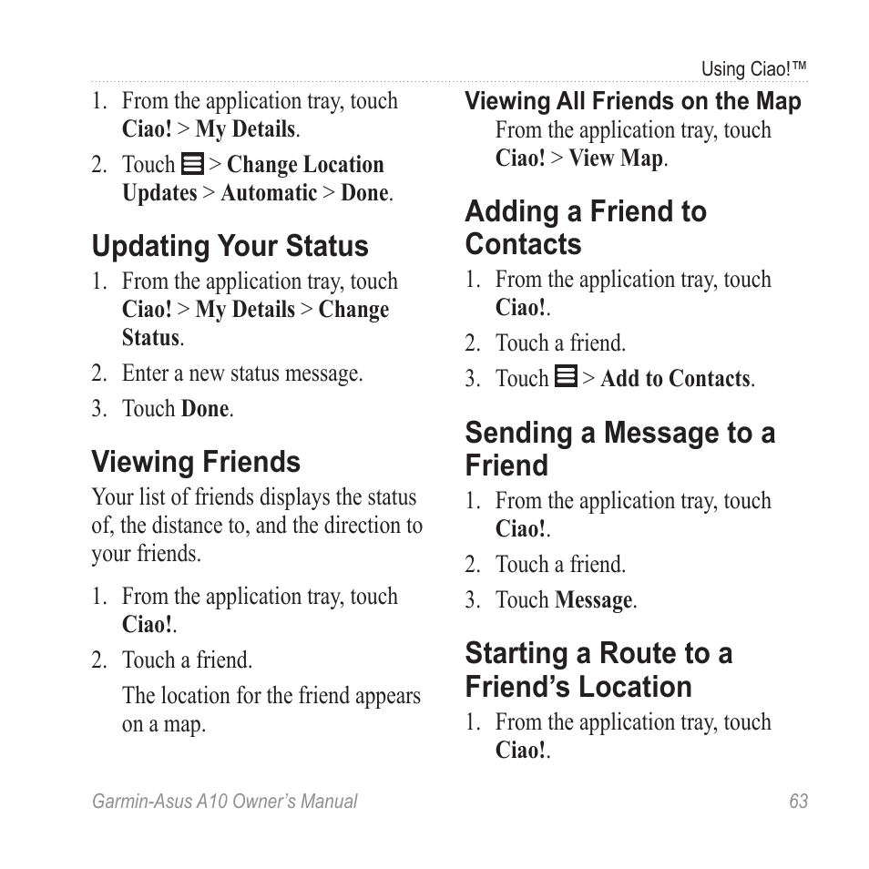 Updating your status, Viewing friends, Adding a friend to contacts | Sending a message to a friend, Starting a route to a friend’s location, Starting a route to a friend’s, Location | Garmin ASUS A10 User Manual | Page 71 / 134