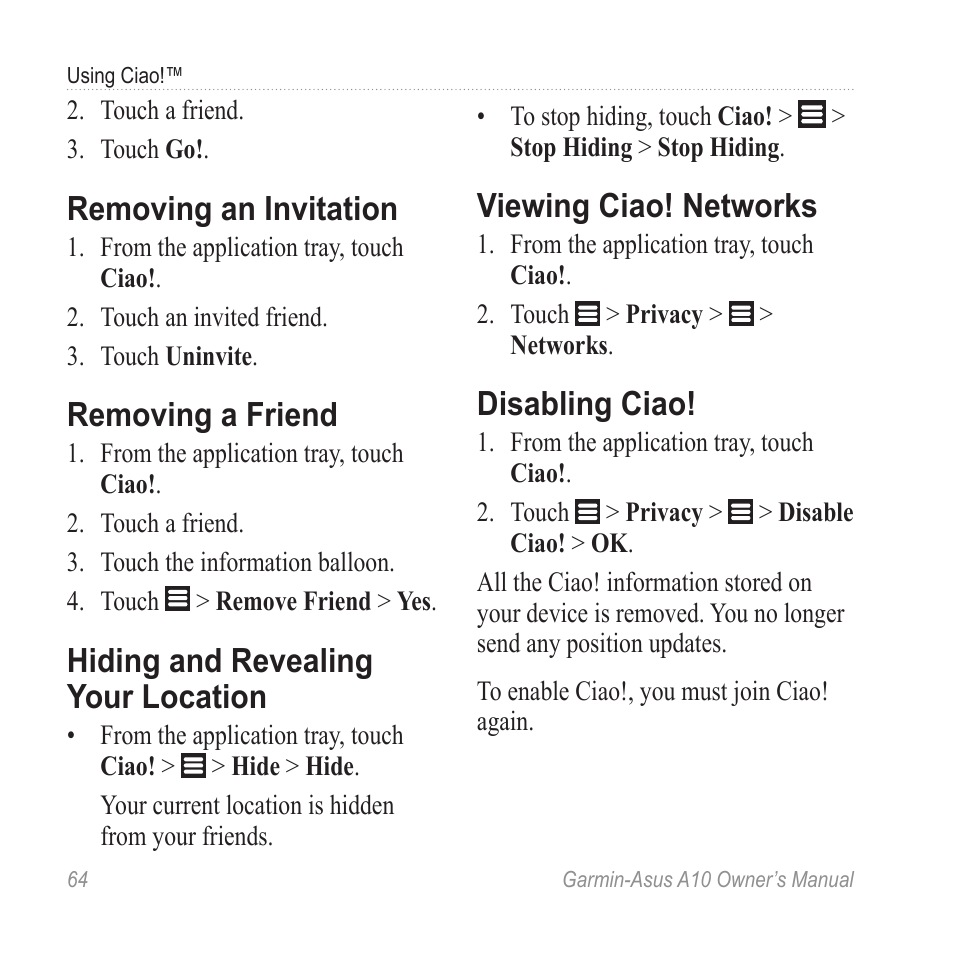 Removing an invitation, Removing a friend, Hiding and revealing your location | Viewing ciao! networks, Disabling ciao, Hiding and revealing your, Location | Garmin ASUS A10 User Manual | Page 72 / 134