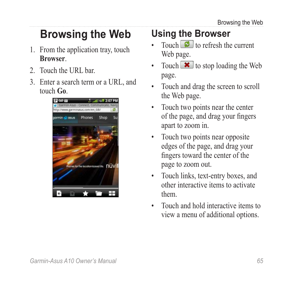 Browsing the web, Using the browser | Garmin ASUS A10 User Manual | Page 73 / 134