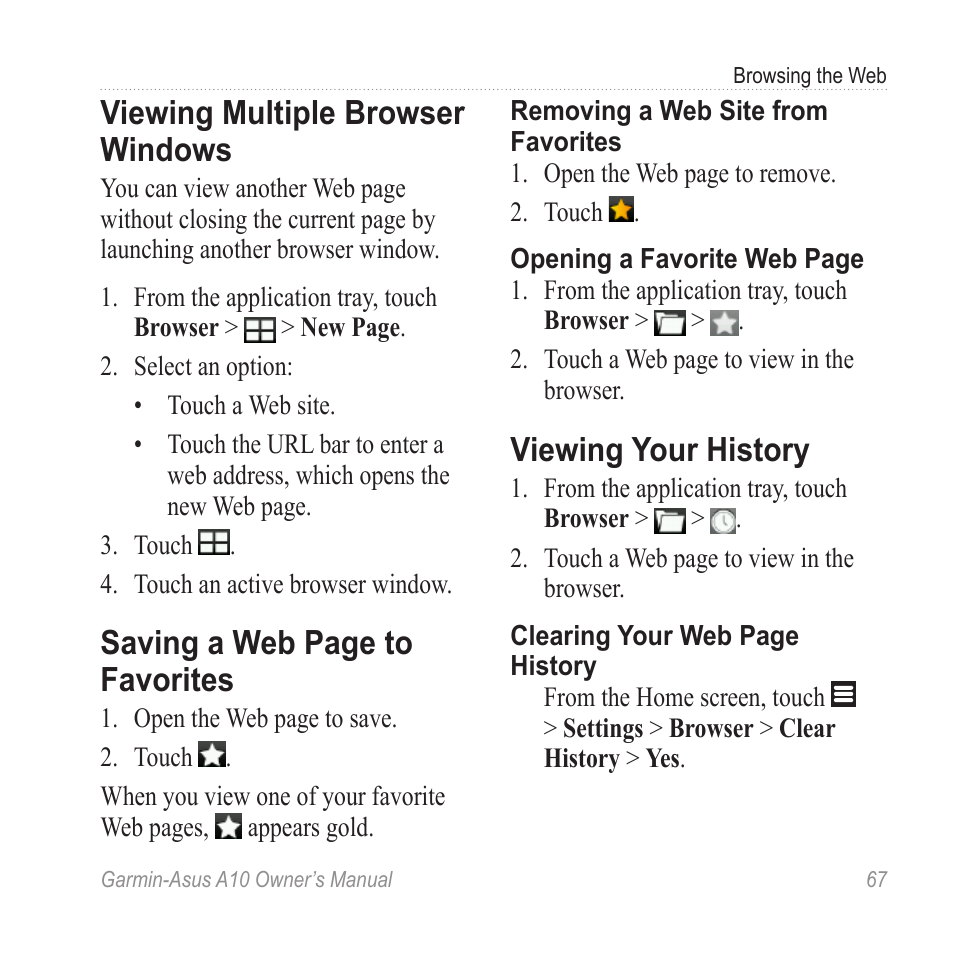 Viewing multiple browser windows, Viewing your history, Viewing multiple browser | Windows, Saving a web page to favorites | Garmin ASUS A10 User Manual | Page 75 / 134