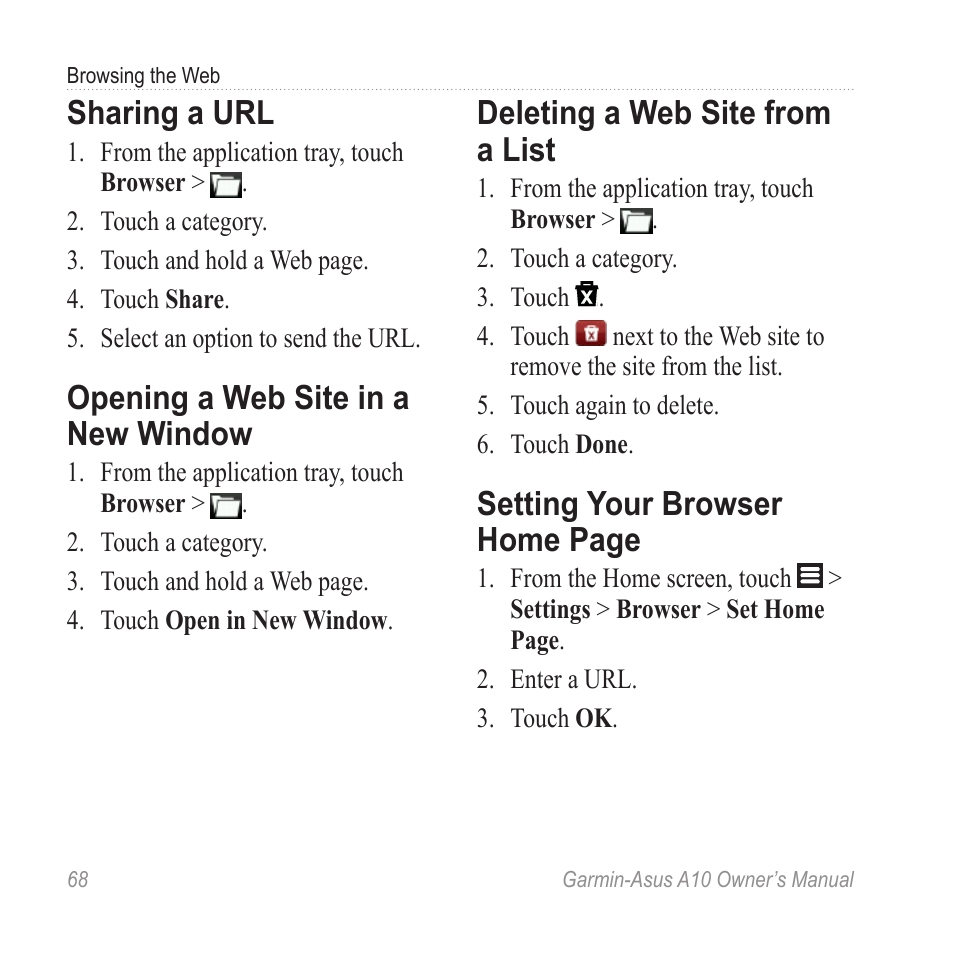 Sharing a url, Opening a web site in a new window, Deleting a web site from a list | Opening a web site in a new, Window, Setting your browser home, Setting your browser home page | Garmin ASUS A10 User Manual | Page 76 / 134