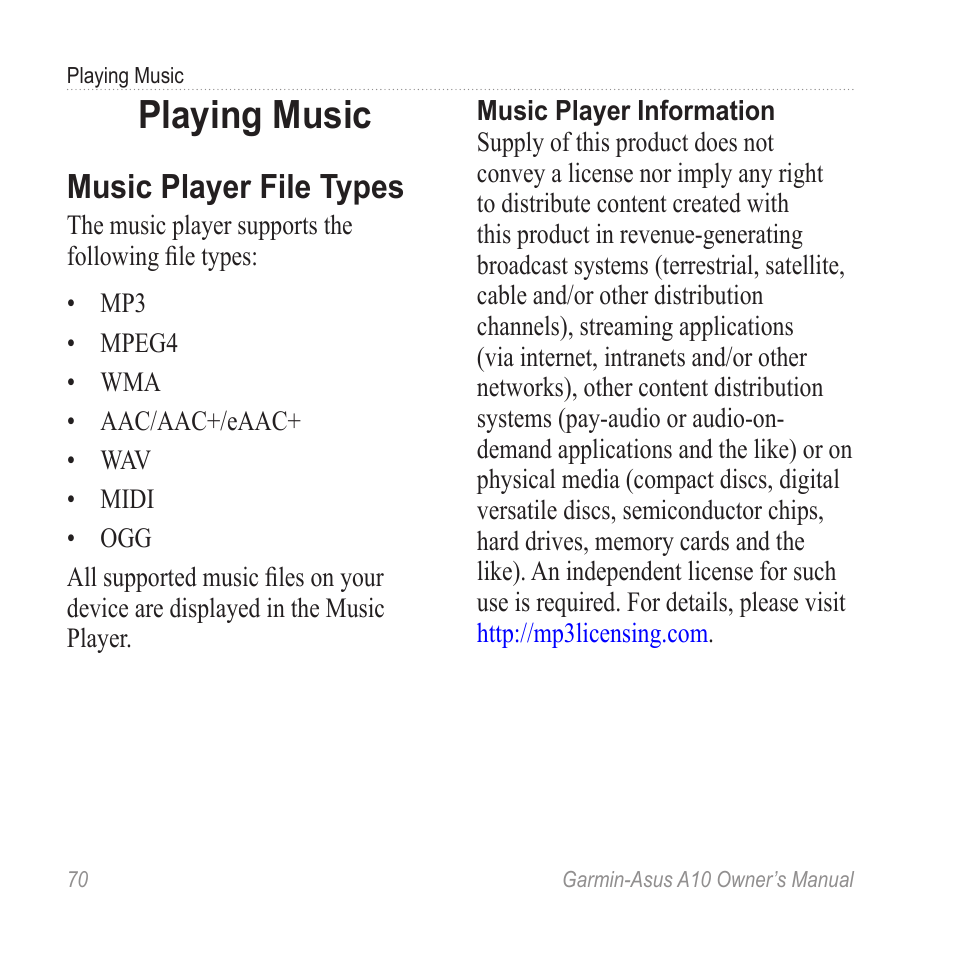 Playing music, Music player file types | Garmin ASUS A10 User Manual | Page 78 / 134