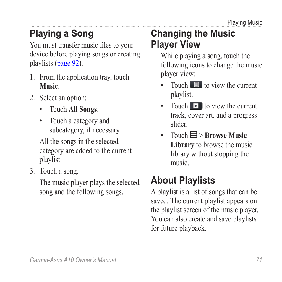 Playing a song, Changing the music player view, About playlists | Changing the music player, View | Garmin ASUS A10 User Manual | Page 79 / 134