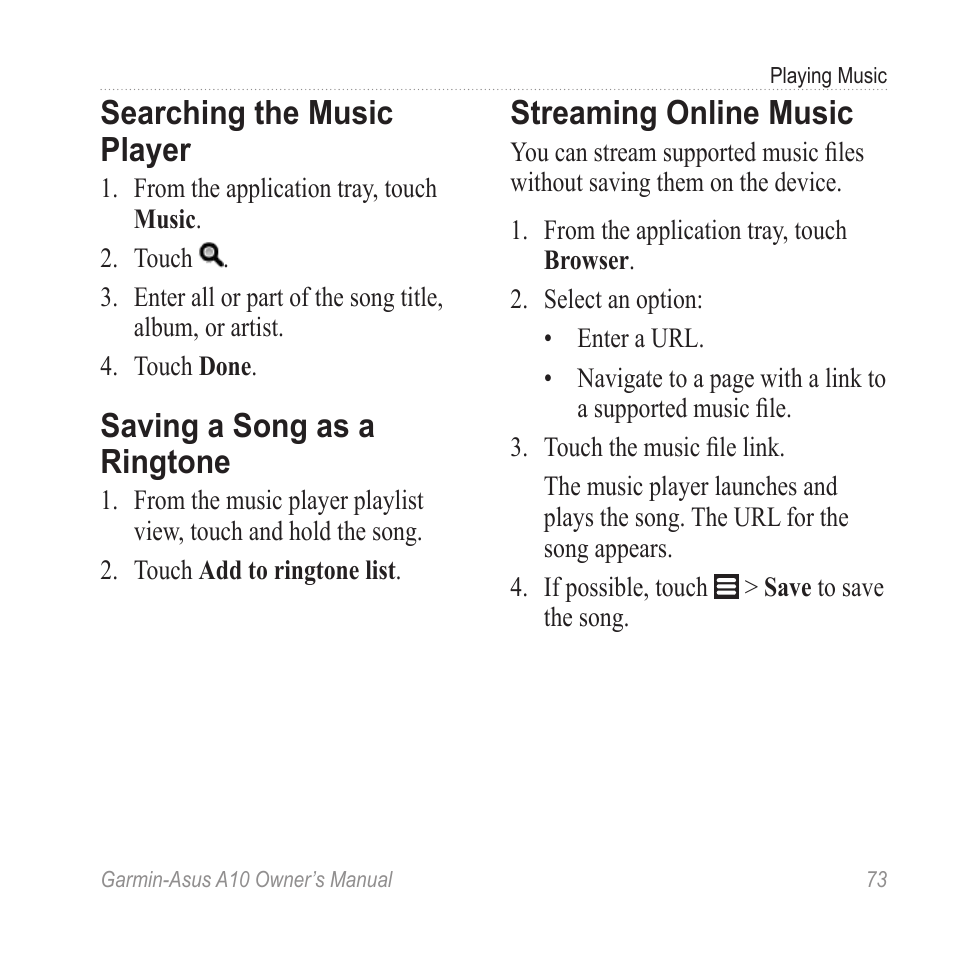 Searching the music player, Saving a song as a ringtone, Streaming online music | Garmin ASUS A10 User Manual | Page 81 / 134