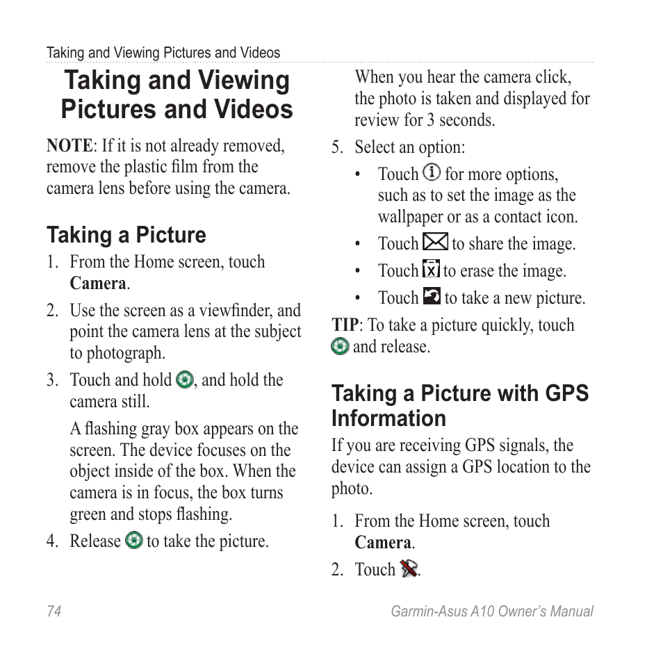 Taking and viewing pictures and videos, Taking a picture, Taking a picture with gps information | Taking and viewing pictures, And videos, Taking a picture with gps, Information | Garmin ASUS A10 User Manual | Page 82 / 134