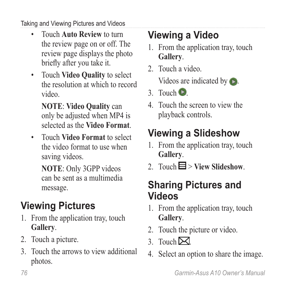 Viewing pictures, Viewing a video, Viewing a slideshow | Sharing pictures and videos | Garmin ASUS A10 User Manual | Page 84 / 134