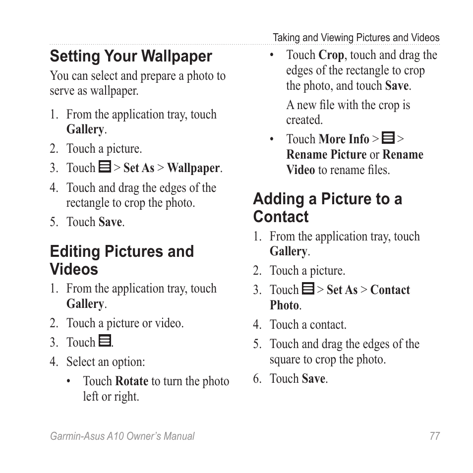 Setting your wallpaper, Editing pictures and videos, Adding a picture to a contact | Garmin ASUS A10 User Manual | Page 85 / 134