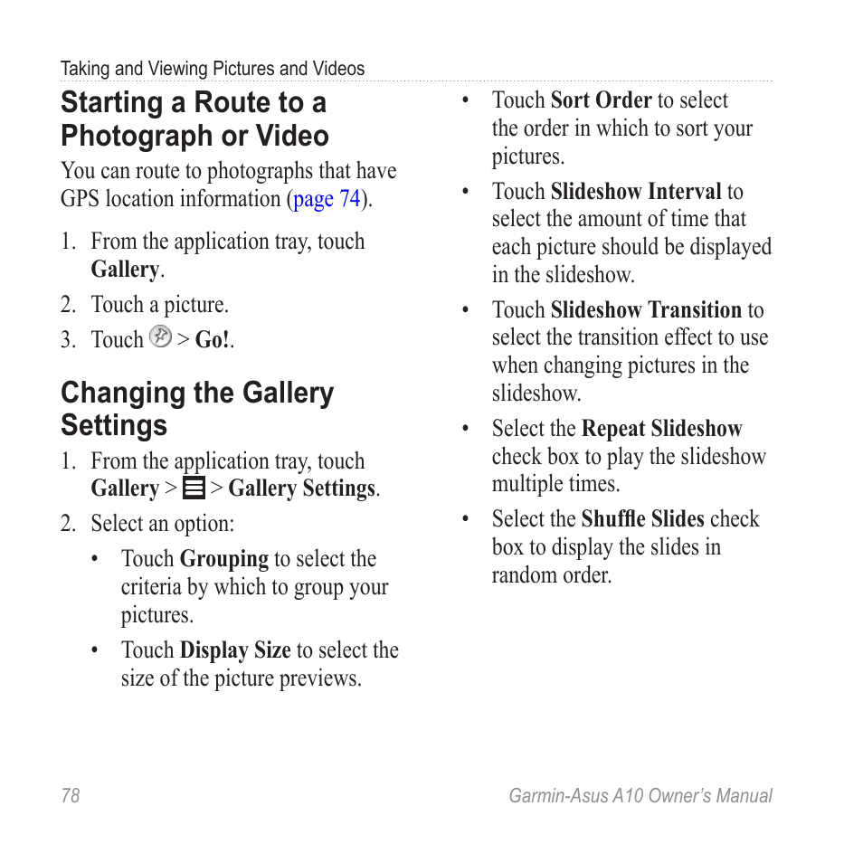 Starting a route to a photograph or video, Changing the gallery settings, Starting a route to a photograph | Or video | Garmin ASUS A10 User Manual | Page 86 / 134