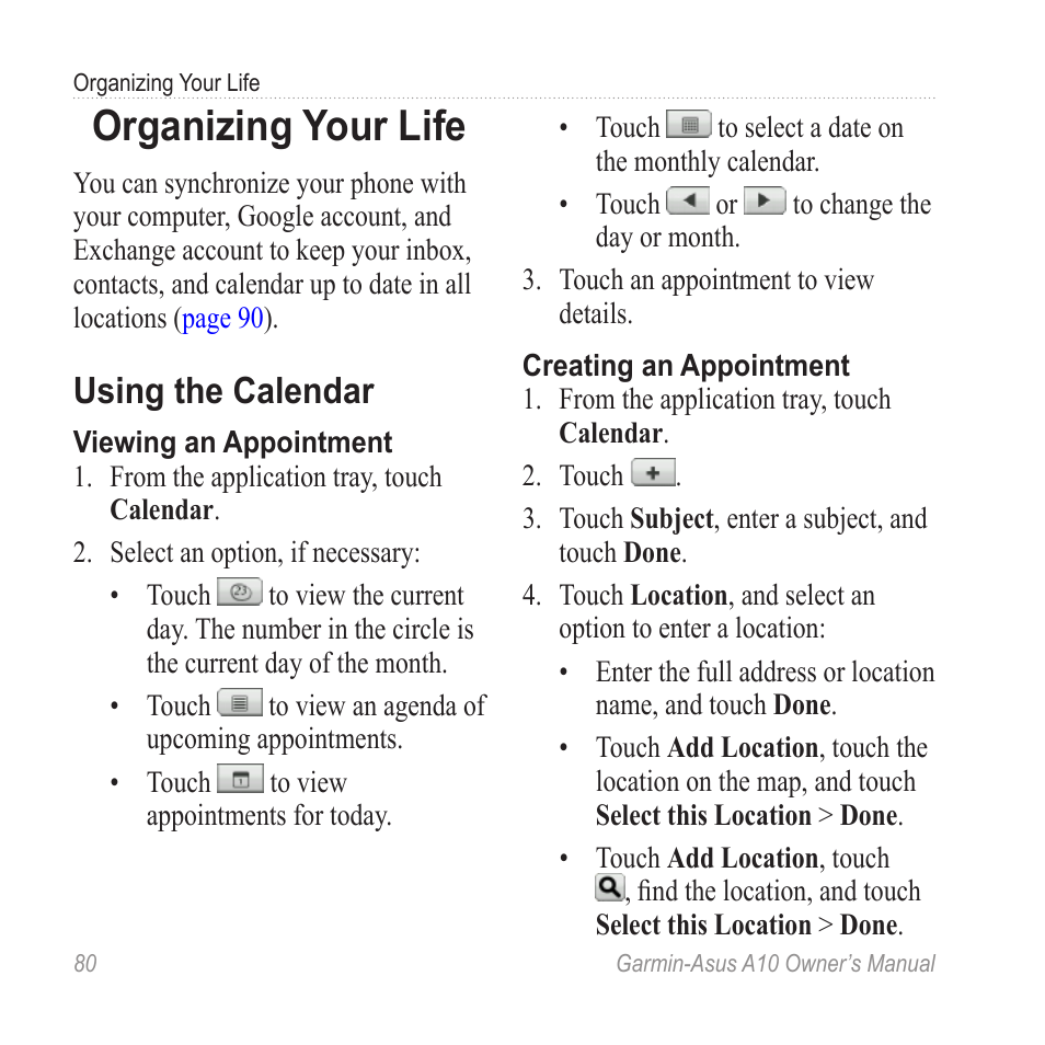 Organizing your life, Using the calendar | Garmin ASUS A10 User Manual | Page 88 / 134