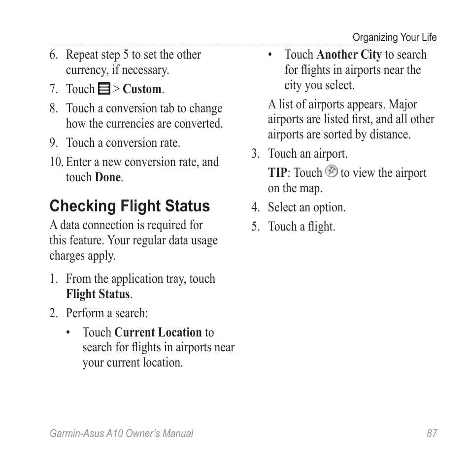 Checking flight status | Garmin ASUS A10 User Manual | Page 95 / 134