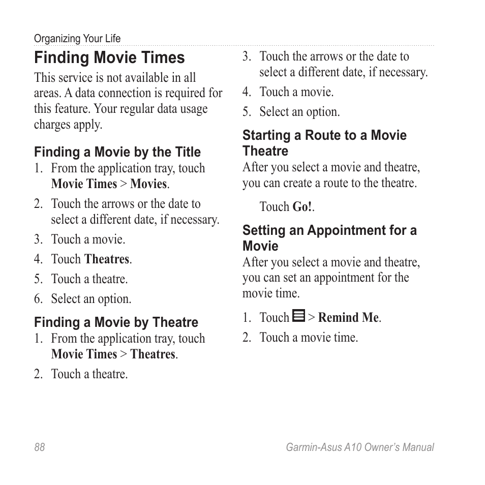 Finding movie times | Garmin ASUS A10 User Manual | Page 96 / 134