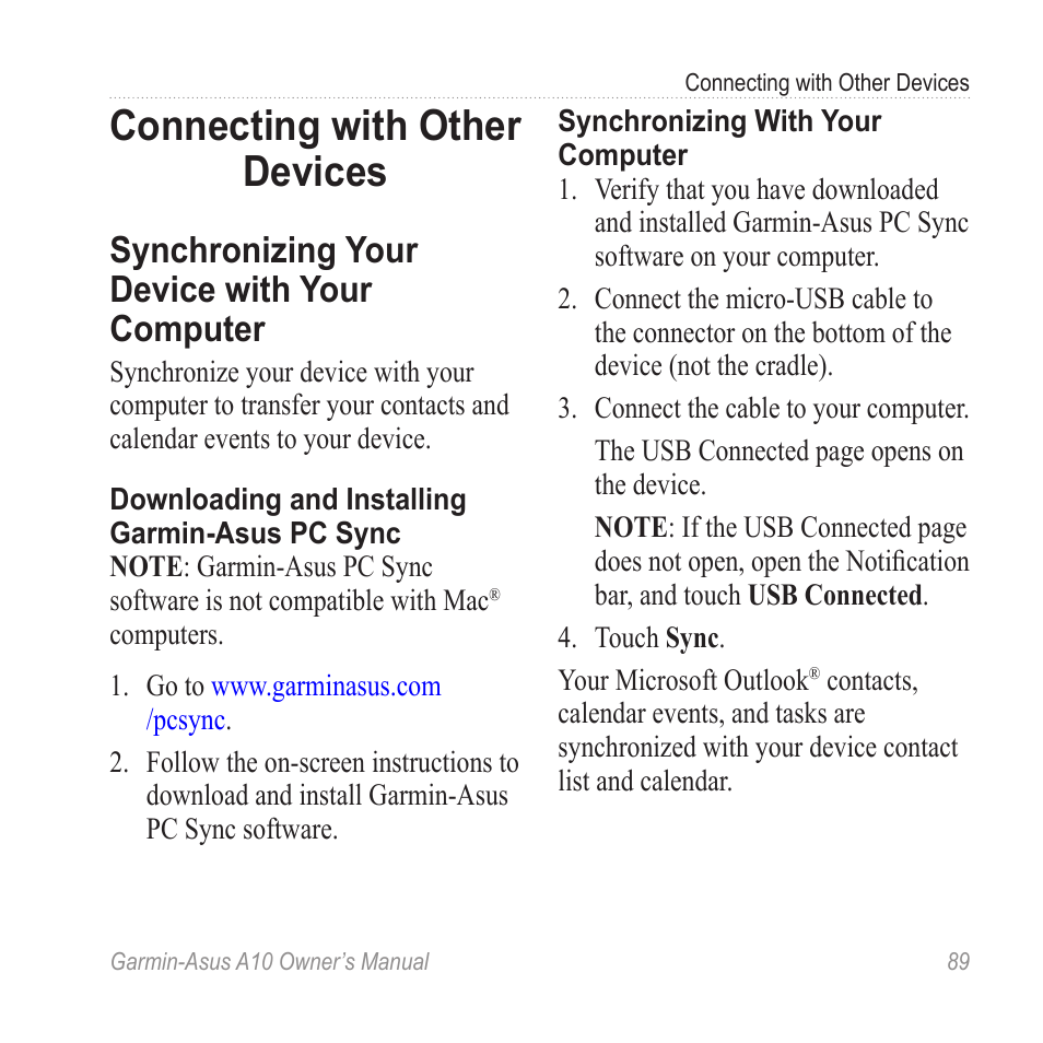 Connecting with other devices, Synchronizing your device with your computer, Connecting with other | Devices, Synchronizing your device with, Your computer | Garmin ASUS A10 User Manual | Page 97 / 134