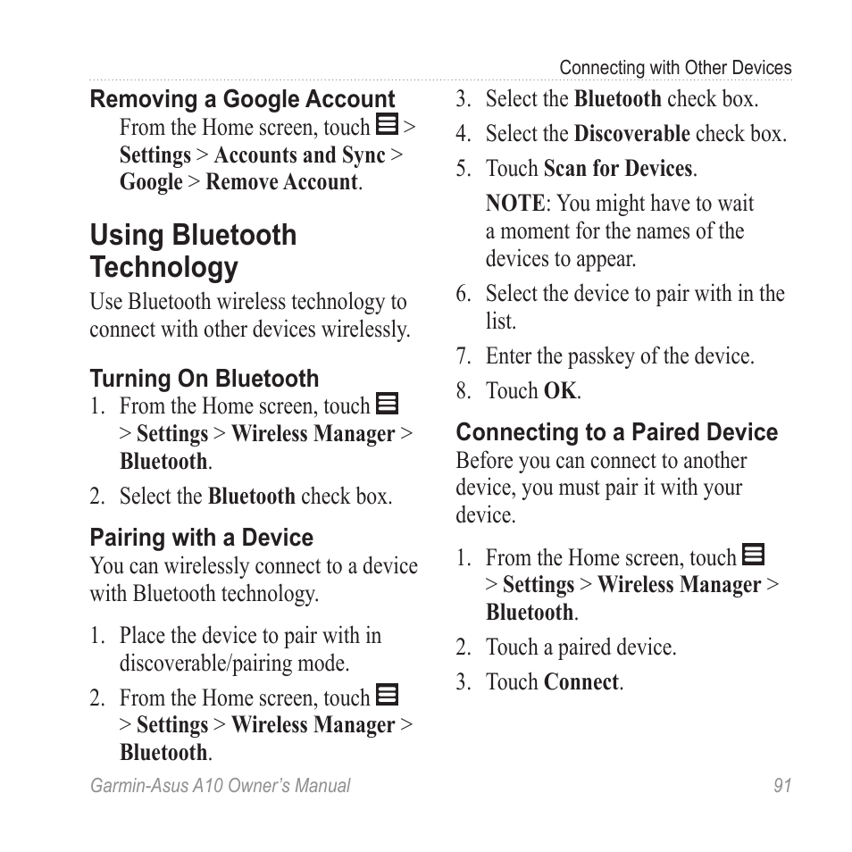 Using bluetooth technology, For information on using a | Garmin ASUS A10 User Manual | Page 99 / 134