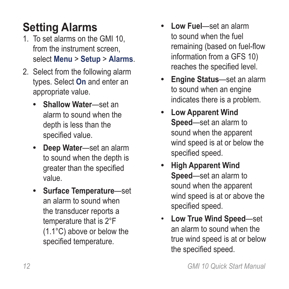 Setting alarms | Garmin 190-01015-01 User Manual | Page 12 / 20